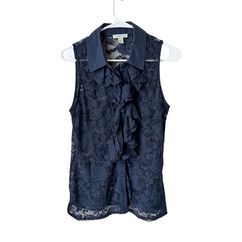 Boston Proper Navy Blue Floral Lace Ruffle Sleeveless Button Down Top Size L